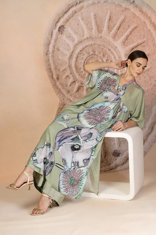 Pista Green Muslin Silk Kurta Set with Coral Print & Bead Embroidery