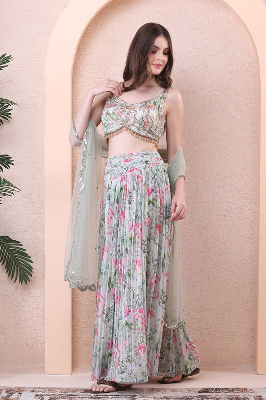 Pistachio Green Printed Pleated Skirt Set