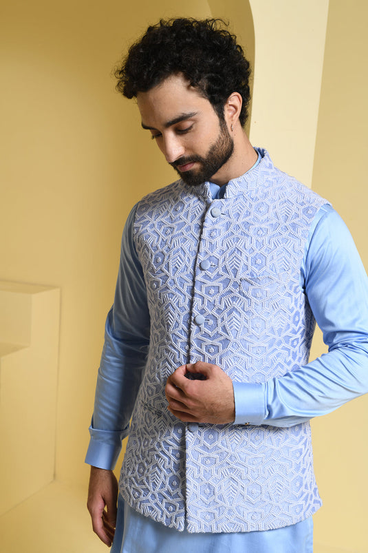 Powder blue Kurta Pants with complimenting silk jacket