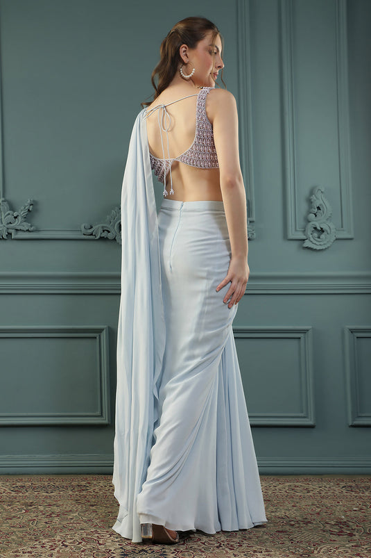 Powder Blue Pearl Pre-Drape Saree