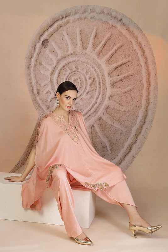 Powder Pink Silk Peplum Kurta Set with Tulip Pants & Leather Detailing