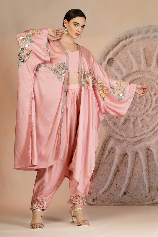 Powder Pink Structured Bustier Set with Embroidered Cape & Farshi Pants