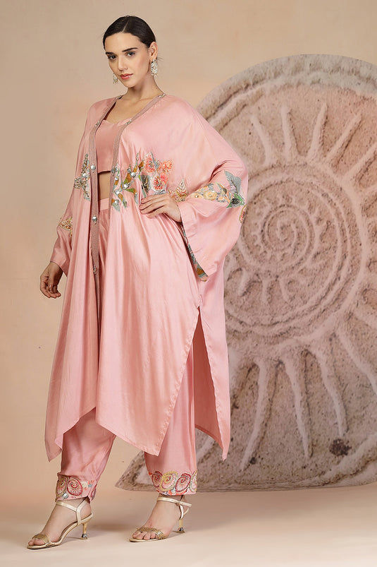 Powder Pink Structured Bustier Set with Embroidered Cape & Farshi Pants