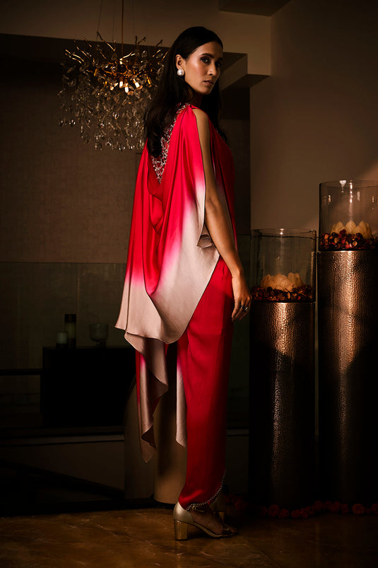 Pure Silk Satin Sangria Ombre Tunic with Tulip Pants