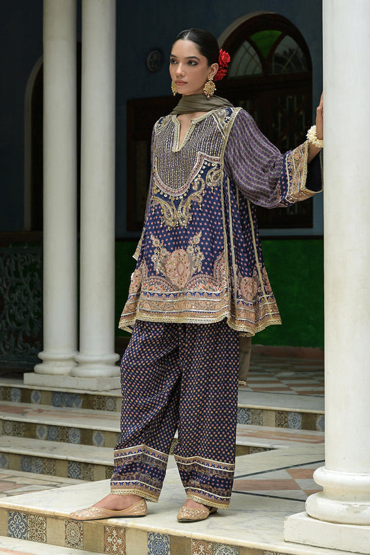 Purple Crepe Short Kurta With Printed Farshi Pants And Dupatta