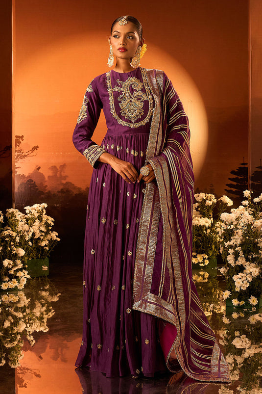 Purple Embroidered Anarkali Set