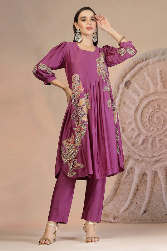 Purple Muslin Kurta & Pant Set with Balloon Sleeves and Detailing