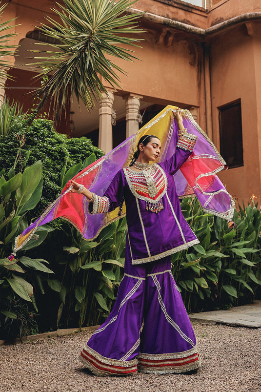 Purple Phulkari Phool Sharara Set