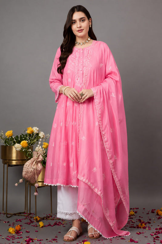 Pink Chanderi Kurta With Chikankari /Mukaish Work With Slip And Dupatta