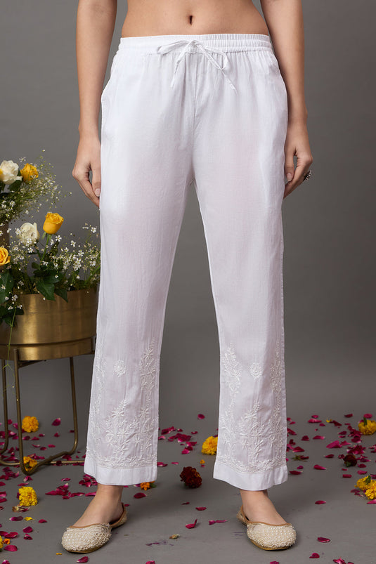 Wite Chikankari Embroidered Pants With Organza Inserts