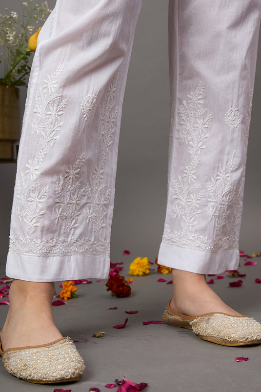 Wite Chikankari Embroidered Pants With Organza Inserts