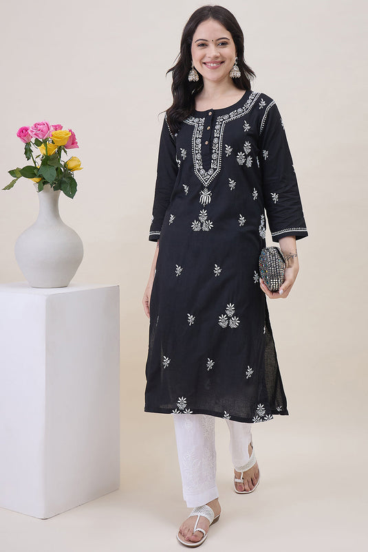 Black Cotton  Round Neck Chikankari Kurta With Side Pockets