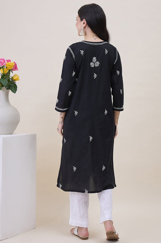 Black Cotton  Round Neck Chikankari Kurta With Side Pockets