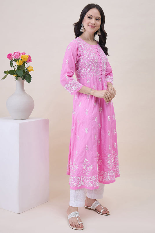 Pink Cotton Round Neck Anarkali With Chikankari