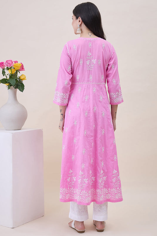 Pink Cotton Round Neck Anarkali With Chikankari