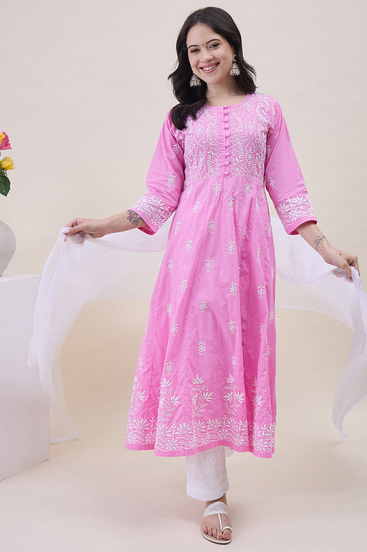 Pink Cotton Round Neck Anarkali With Chikankari