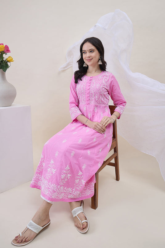 Pink Cotton Round Neck Anarkali With Chikankari