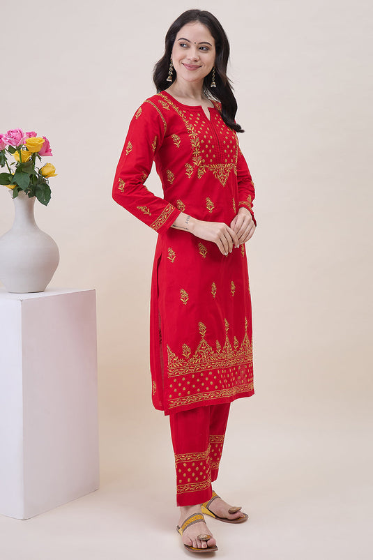Red Cotton Mustard Chikankari Kurta With Pants With Pockets And Mustard Chikankari