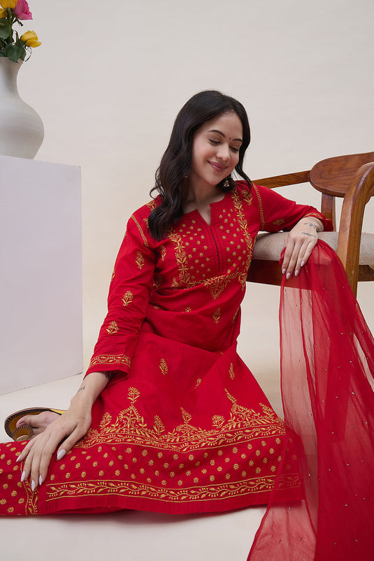 Red Cotton Mustard Chikankari Kurta With Pants With Pockets And Mustard Chikankari