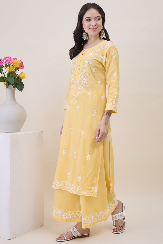 Yellow  Chikankari Cotton Round Neck Kurta With Sharara