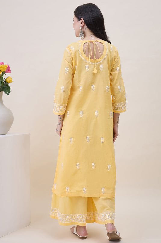 Yellow  Chikankari Cotton Round Neck Kurta With Sharara