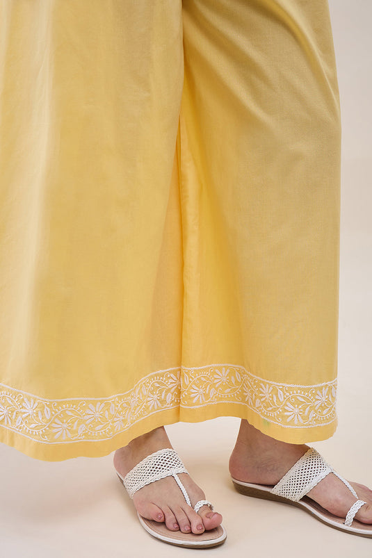 Yellow  Chikankari Cotton Round Neck Kurta With Sharara