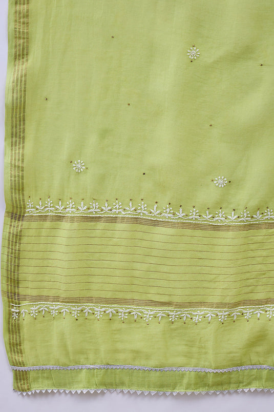 Green Chanderi Chikankari Kurta With Chanderi Dupatta Wiith Mukaish Work + Slip