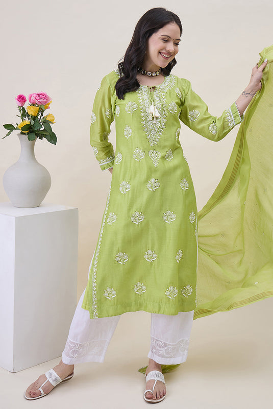 Green Chanderi Chikankari Kurta With Chanderi Dupatta Wiith Mukaish Work + Slip
