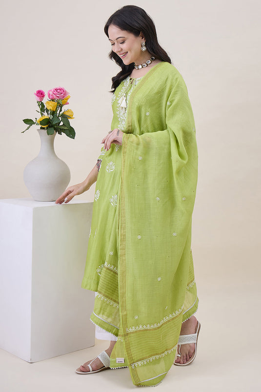 Green Chanderi Chikankari Kurta With Chanderi Dupatta Wiith Mukaish Work + Slip