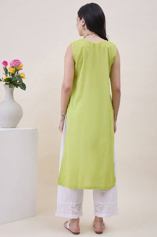 Green Chanderi Chikankari Kurta With Chanderi Dupatta Wiith Mukaish Work + Slip