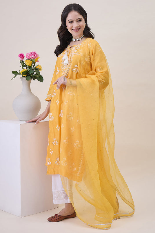 Mustard Yellow Chanderi Chikankari Kurta With Silk Organza Dupatta Wiith Mukaish Work + Slip