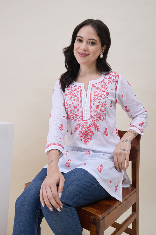 White Cotton Tunic With Chikankari