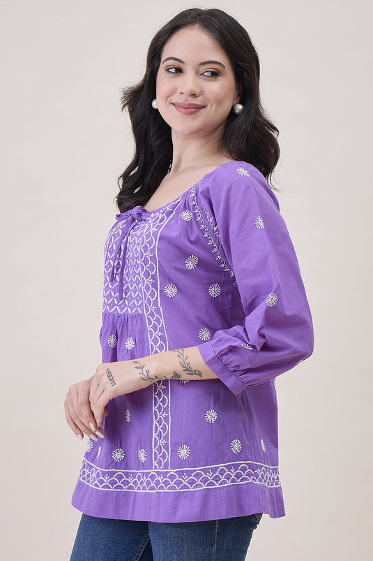 Purple Cotton Top With Front Ties And Chikankari