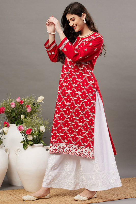 Red Kurta Set With Chikankari
