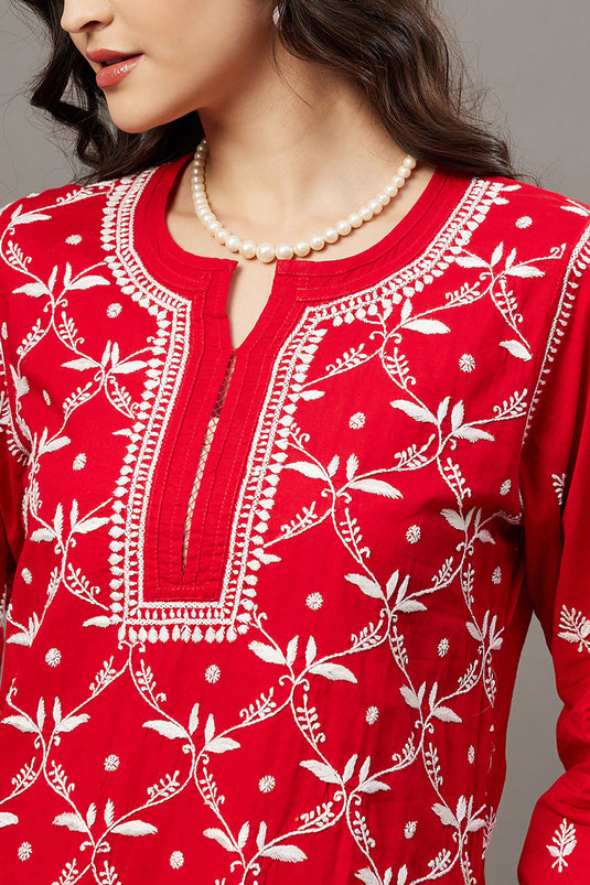 Red Kurta Set With Chikankari