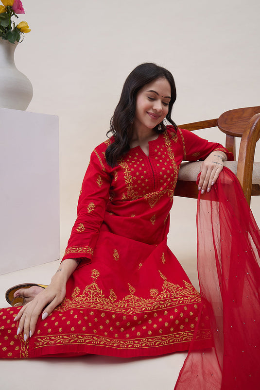 Red Chiffon Dupatta With Mukaish Work And Lace