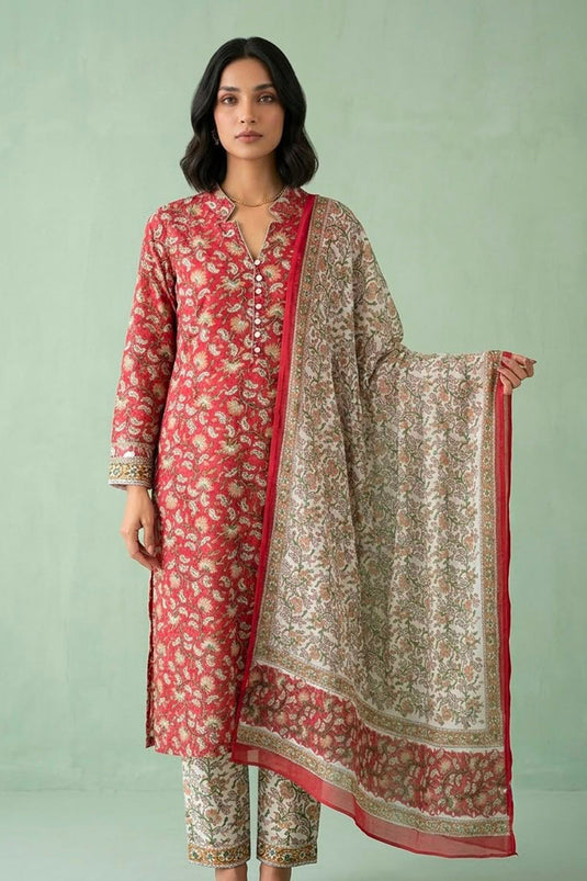 Red allover kurta set paired with white gadh dupatta