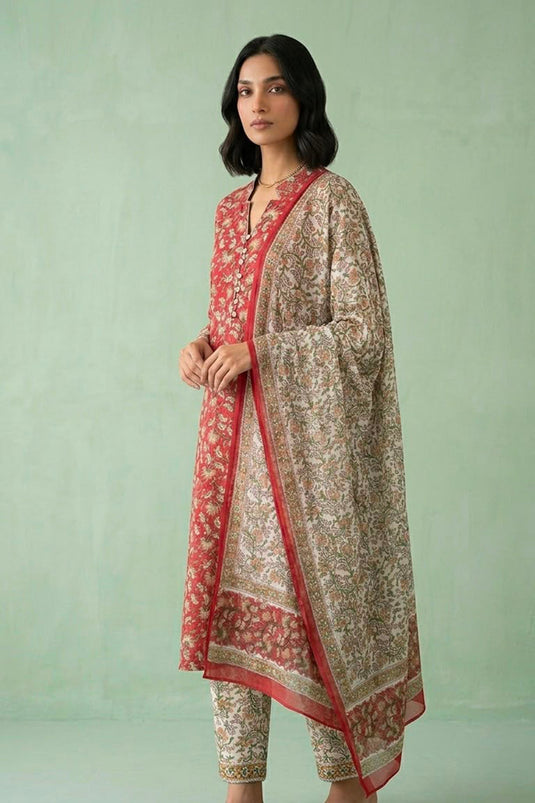 Red allover kurta set paired with white gadh dupatta