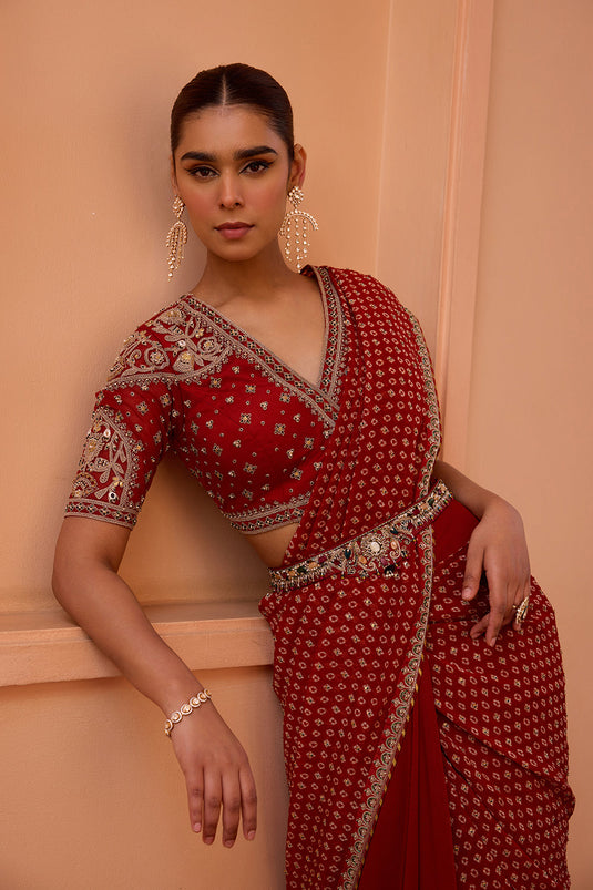 Red bandhani pre drape saree set with detachable pallu and belt