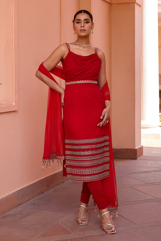 Red drape and embroidered straight kurta set with dupatta