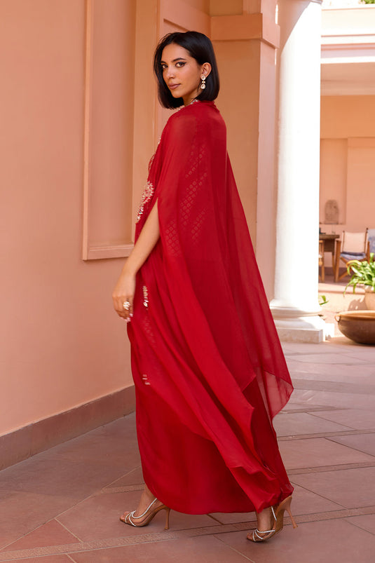 Red embroidered cape with waistcoat and skirt