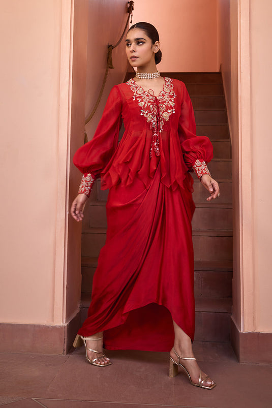 Red embroidered organza top with drape skirt