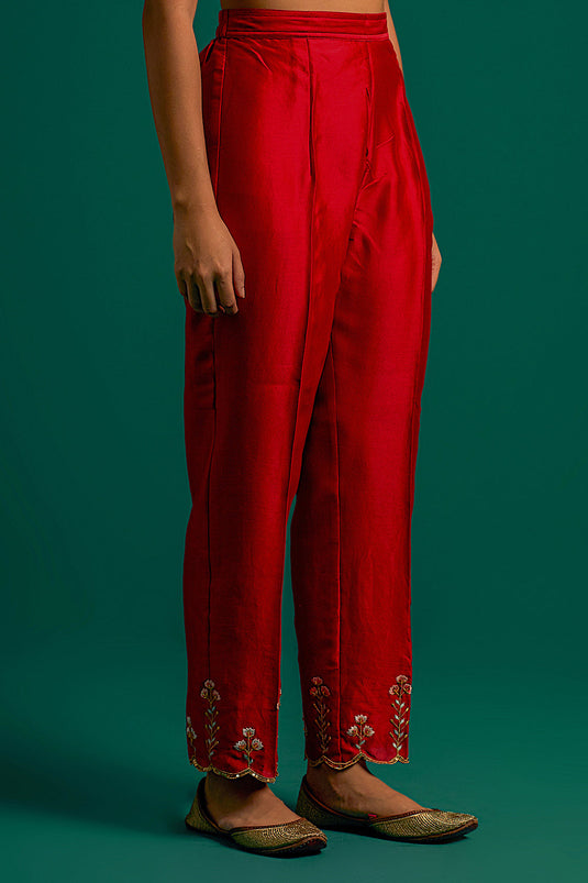 Red hand embroidered silk chanderi kurta set