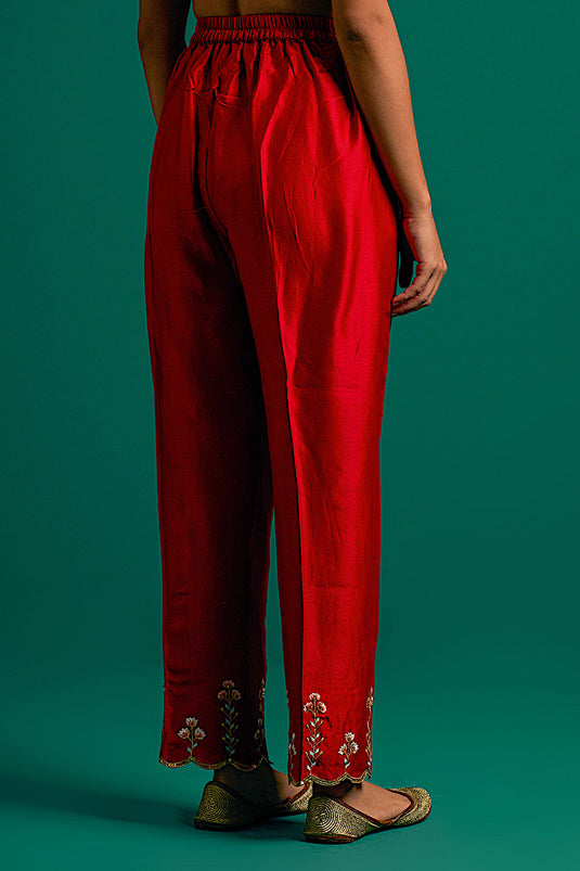 Red hand embroidered silk chanderi kurta set