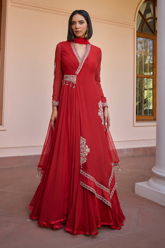 red layered and embroidered anarakali gown with dupatta