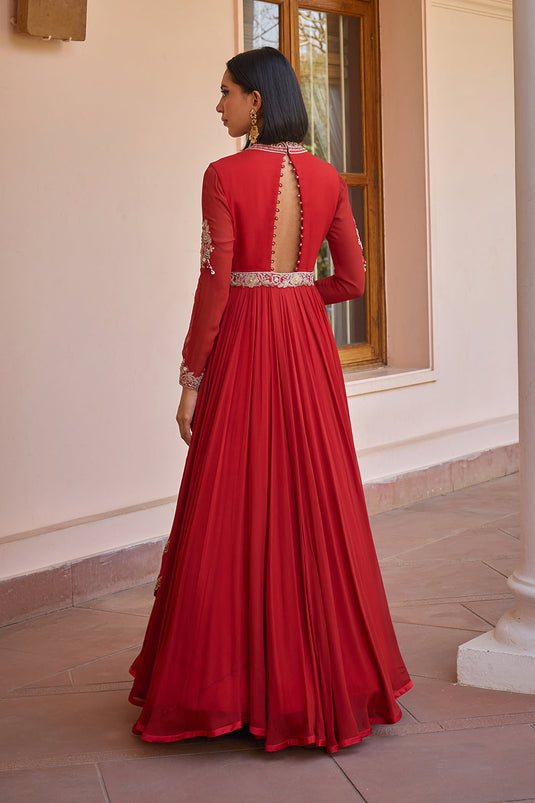 red layered and embroidered anarakali gown with dupatta