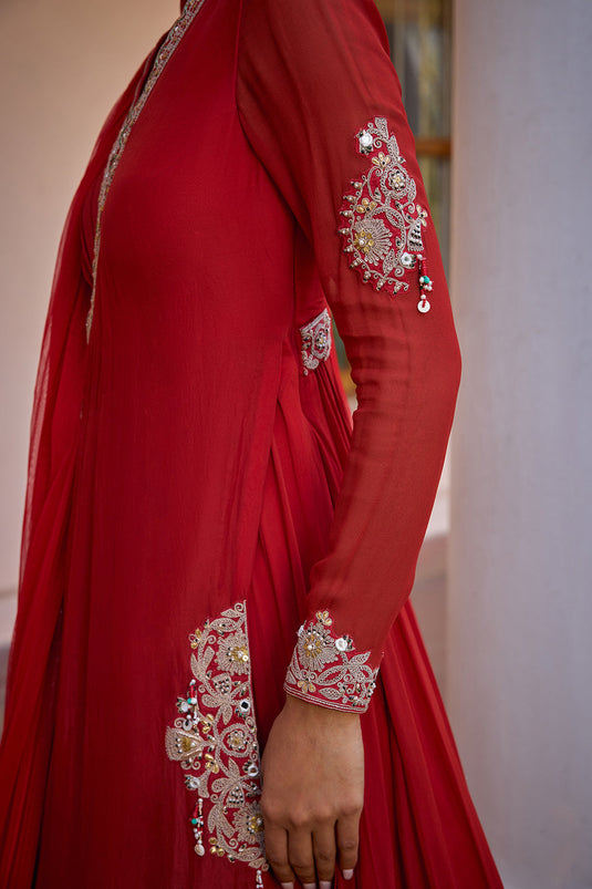 red layered and embroidered anarakali gown with dupatta