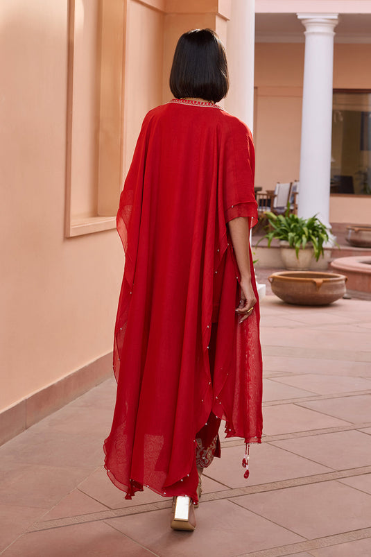 Red linen satin embroidered kurta set with free size cape