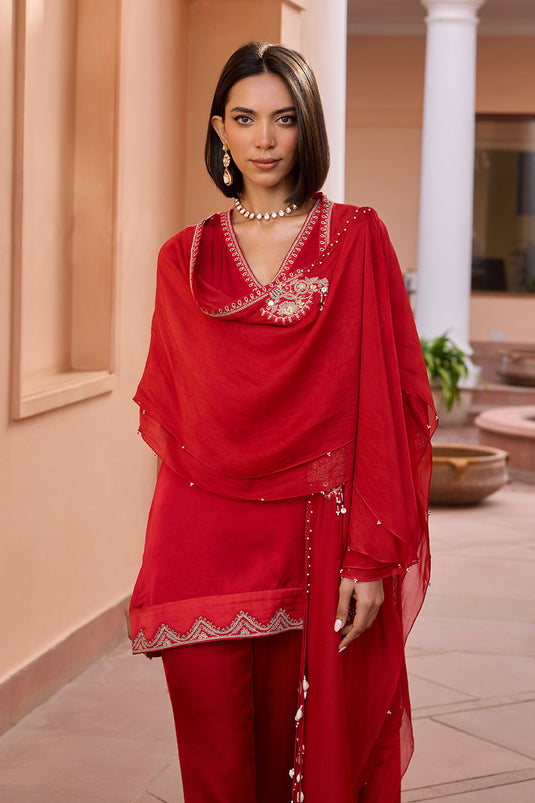 Red linen satin embroidered kurta set with free size cape