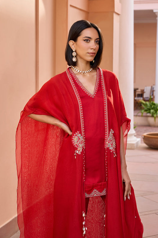 Red linen satin embroidered kurta set with free size cape